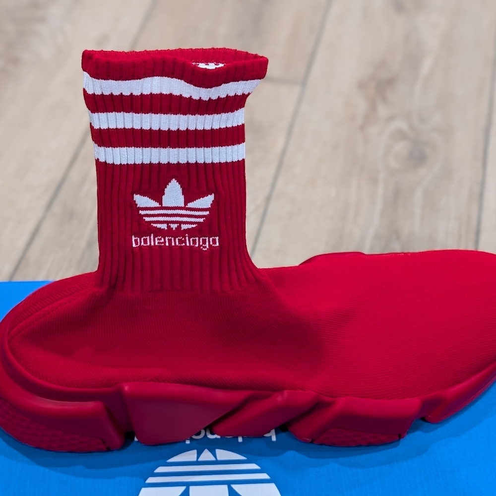 $995 Men's Balenciaga x Adidas Speed Knit Sock Sneakers Red/White 43 US 10 - Picture 6 of 9